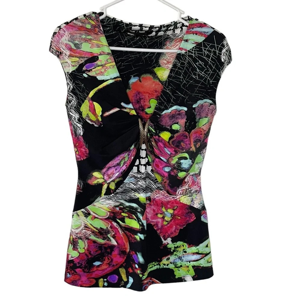 Roberto Cavalli Colorful Black Floral Blouse Women’s Size 42 Designer Preppy - Picture 7 of 13